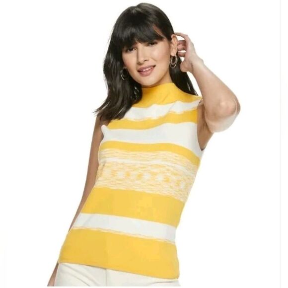 ☔️🔺️Nine West Yellow & White Striped Stretch Fitted Sleeveless Top Medium - Picture 1 of 9